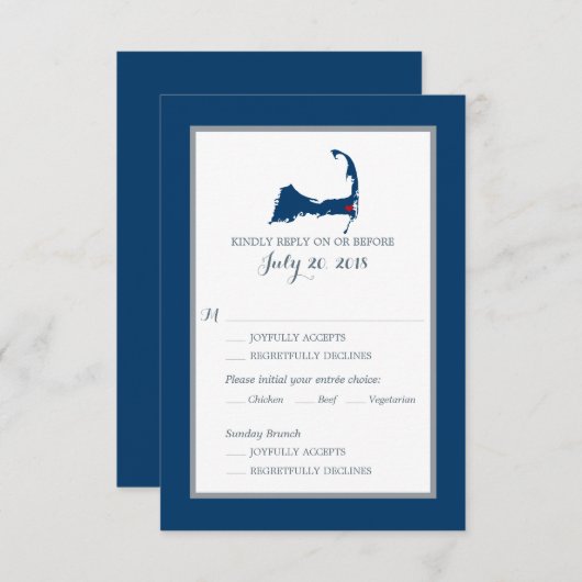 Marine Blue Cape Cod avec coeur | Menu Mariage RSV (Devant / Derrière)