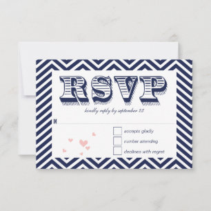Marine Blue Chevron Retro Typographie Mariage RSVP