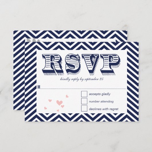 Marine Blue Chevron Retro Typographie Mariage RSVP (Devant / Derrière)