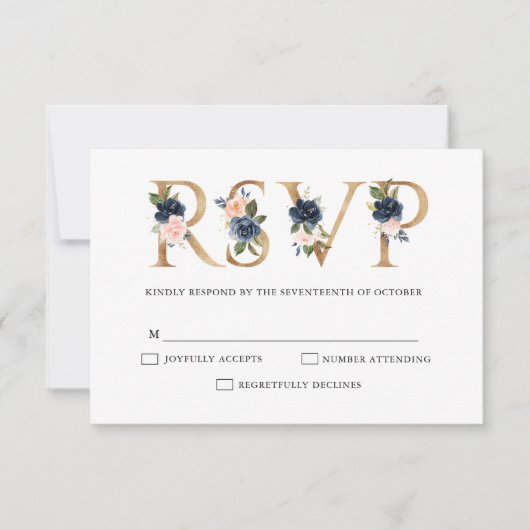 Marine Blue Dusty Blush Rose Floral Wedding RSVP (Devant)