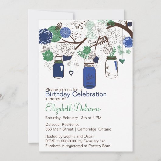 Marine Blue et Green Mason Jars Invitation Anniver (Devant)