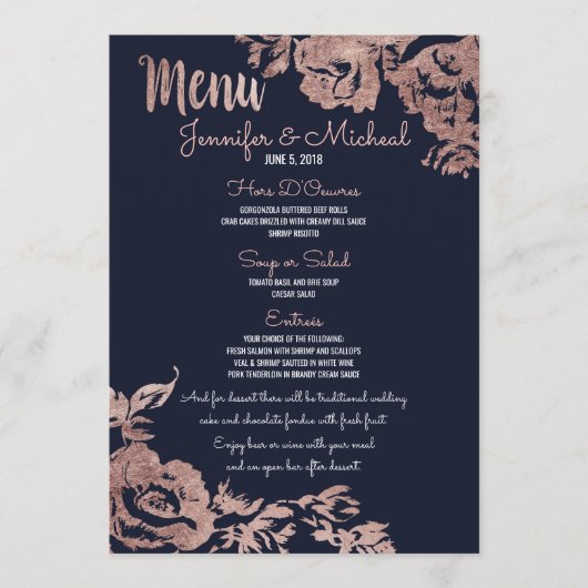 Marine Blue et Rose Gold Floral Mariage Menu (Devant)