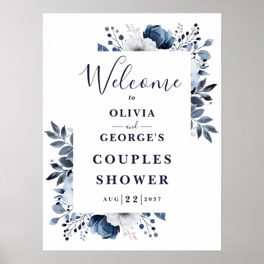 Marine Blue Floral Couples Douche Affiche de bienv (Devant)
