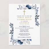 Marine Blue Floral First Holy Communion Invitation (Devant)