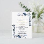 Marine Blue Floral First Holy Communion Invitation (Debout devant)