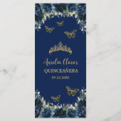 Marine Blue Floral Gold Quinceanera Menu d'anniver (Dos)