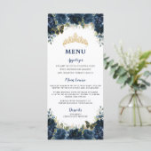 Marine Blue Floral Gold Quinceanera Menu d'anniver (Debout devant)