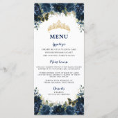 Marine Blue Floral Gold Quinceanera Menu d'anniver (Devant)