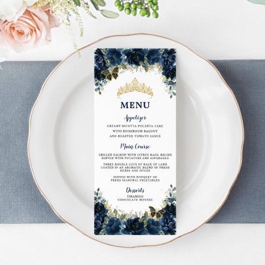 Marine Blue Floral Gold Quinceanera Menu d'anniver
