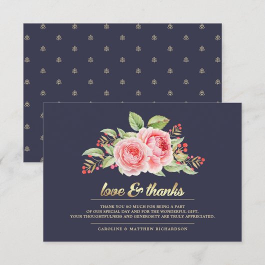 Marine Blue Floral Mariage Merci Cartes (Devant / Derrière)