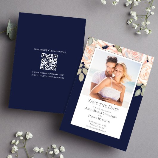 Marine Blue Floral Wedding Save the Date Photo