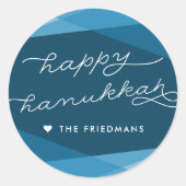 Marine Blue Geo Script | Happy Hanukkah Ronde Sticker (Voorkant)