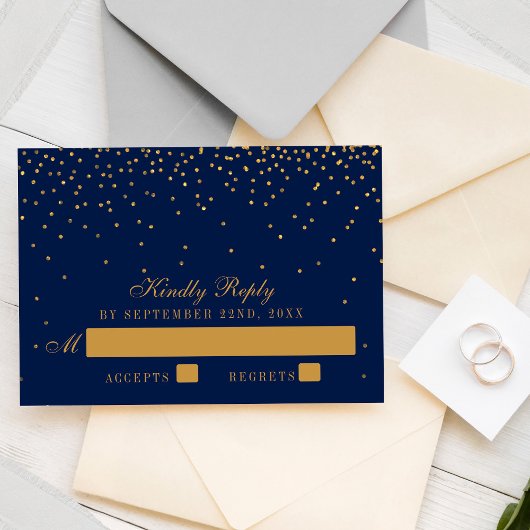 Marine Blue & Glam Gold Confetti Wedding RSVP