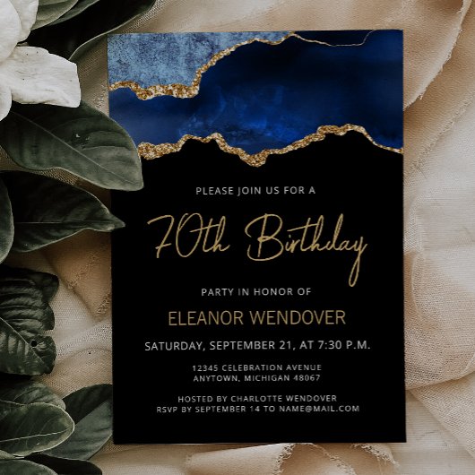Marine Blue Gold Agate 70e anniversaire Invitation