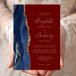Marine Blue Gold Agate Bourgogne Faire-part de mar<br><div class="desc">Le bord gauche de cette élégante faire-part de mariage moderne est orné d'une bordure en aquarelle bleu marine ornée d'une parties scintillant en faux or. Le texte personnalisable associe écriture manuscrite dorée, copperplate et polices italiques sur un arrière - plan rouge bordeaux. L'envers est assorti d'un design d'agate bleu marine...</div>