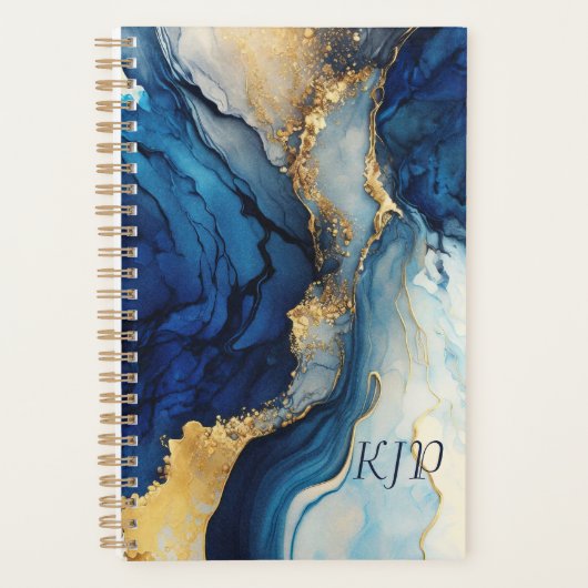 Marine Blue Gold Agate Marbre Aquarelle Planner (Devant)