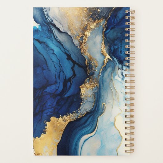 Marine Blue Gold Agate Marbre Aquarelle Planner (Dos)