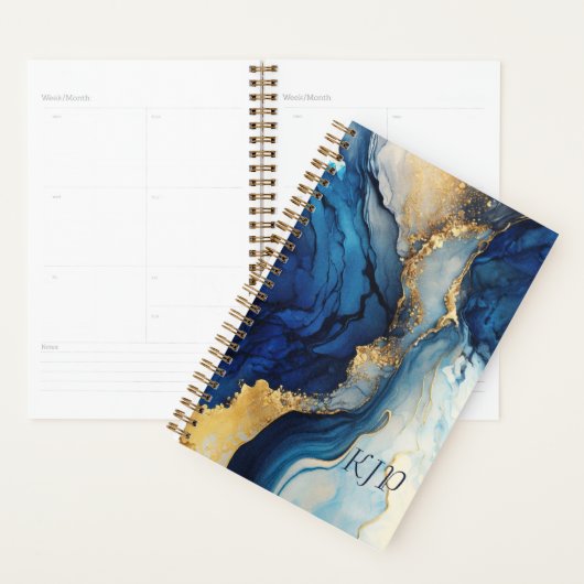 Marine Blue Gold Agate Marbre Aquarelle Planner (Devant avec enveloppe)
