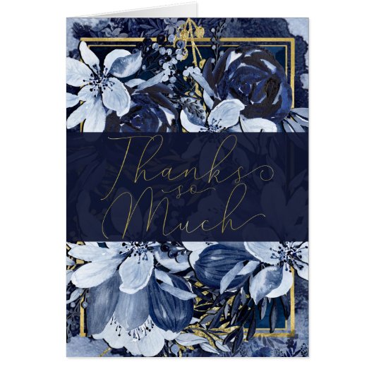 Marine Blue Gold Aquarelle moderne Merci floral (Devant)