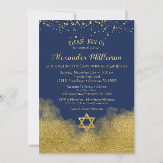 Marine Blue Gold Bar Mitzvah Invitation (Devant)