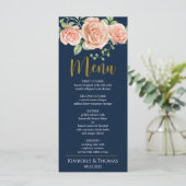 Marine Blue Gold Blush Floral Mariage Diner Menu (Debout devant)