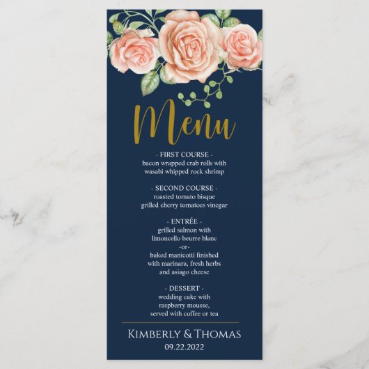 Marine Blue Gold Blush Floral Mariage Diner Menu (Devant)