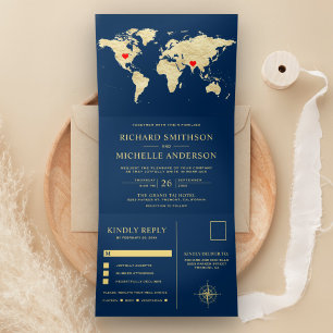 Marine Blue Gold Carte du monde tout en un Mariage