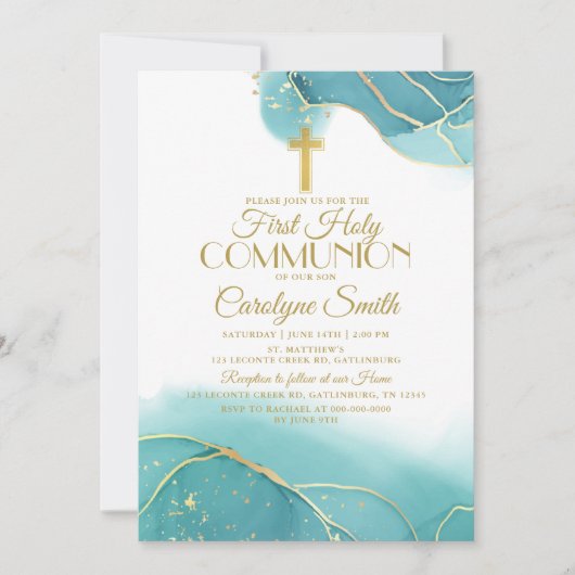 Marine Blue Gold First Holy Communion Invitation (Devant)