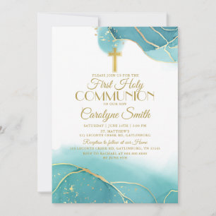 Marine Blue Gold First Holy Communion Invitation