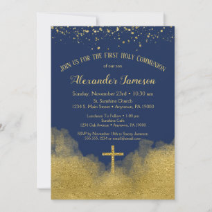 Marine Blue Gold First Holy Communion Invitation