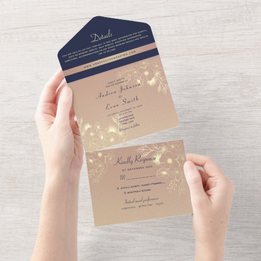 Marine Blue & Gold Floral Photo Wedding Invitation (Déchirure)