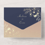 Marine Blue & Gold Floral Photo Wedding Invitation (Verso)
