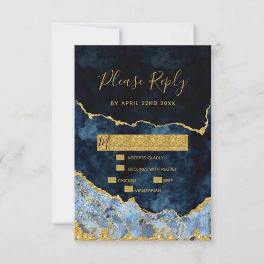 Marine Blue Gold Foil Agate Gilt Wedding RSVP Répo (Devant)