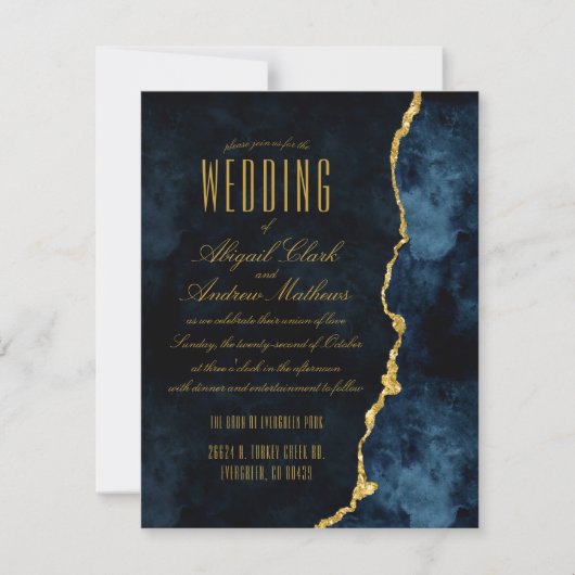 Marine Blue & Gold Foil Agate Mariage Invitations (Devant)