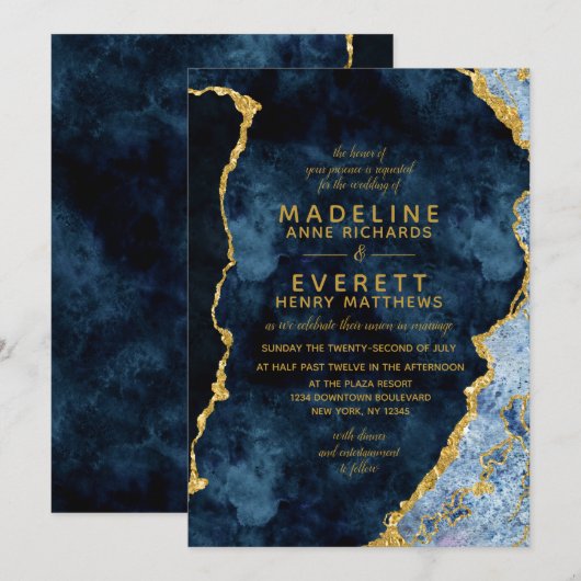 Marine Blue & Gold Foil Agate Mariage Invitations (Devant / Derrière)