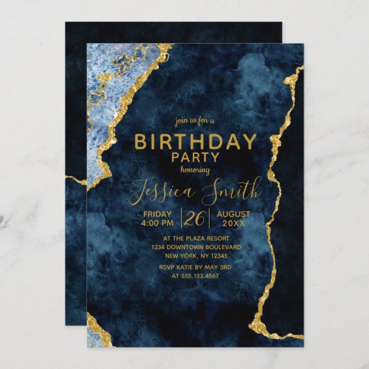 Marine Blue & Gold Foil Invitation de fête d'anniv (Devant / Derrière)