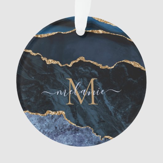 Marine Blue Gold Marble Custom Lettre Nom de l'orn (devant)