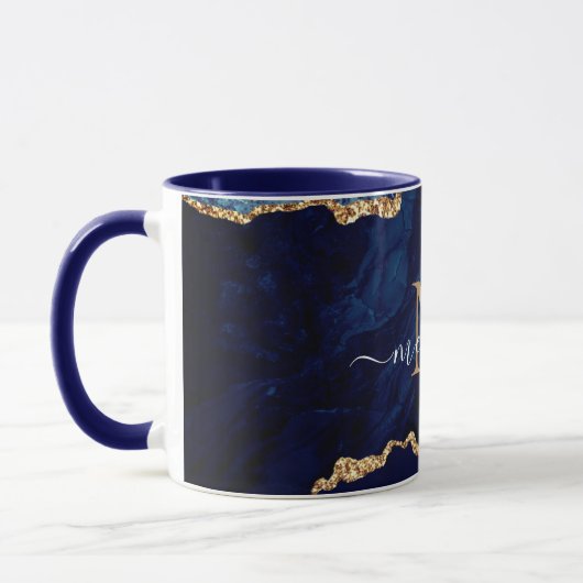 Marine Blue Gold Marble Custom Lettre Nom Mug (Gauche)