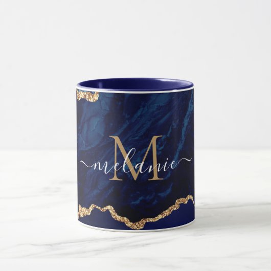 Marine Blue Gold Marble Custom Lettre Nom Mug (Centre)