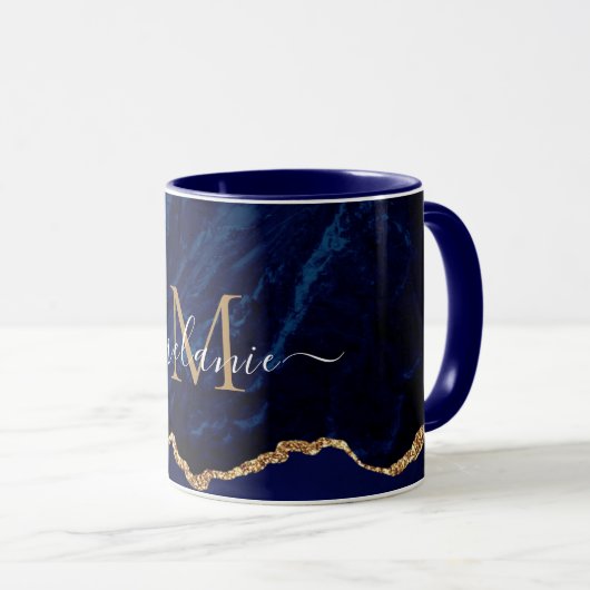Marine Blue Gold Marble Custom Lettre Nom Mug (Devant droit)