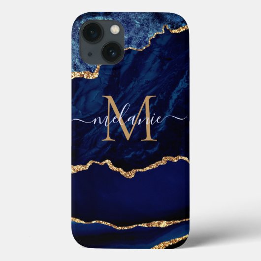 Marine Blue Gold Marble Votre Lettre Nom coque iph (Verso)
