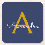 Marine Blue Gold Modern Script Girl Monogramme Nom<br><div class="desc">Dessous de verre en papier pour monogramme simple bleu marine et or. Cela fait le cadeau parfait de remise de diplômes,  anniversaire,  mariage,  douche nuptiale,  anniversaire,  baby shower ou bachelorette pour quelqu'un qui aime le luxe glam et les styles chic.</div>