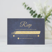 Marine Blue Gold Rustic Chic Wedding RSVP (Debout devant)