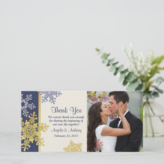 Marine Blue Gold Snowflake Hiver Mariage Merci (Debout devant)