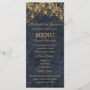 Marine Blue Gold String Lights Bokeh Menu Mariage
