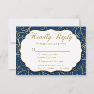 Marine Blue Gold Swirl Réponse du Mariage RSVP ave