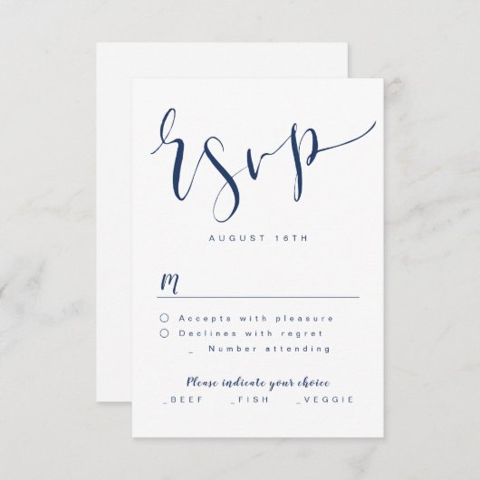 Marine Blue Modern Simple Script mariage RSVP (Devant / Derrière)