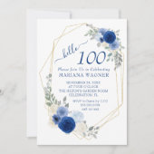 Marine Blue Moderne Floral Invitation 100e anniver (Devant)