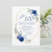 Marine Blue Moderne Floral Invitation 100e anniver (Debout devant)
