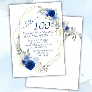 Marine Blue Moderne Floral Invitation 100e anniver